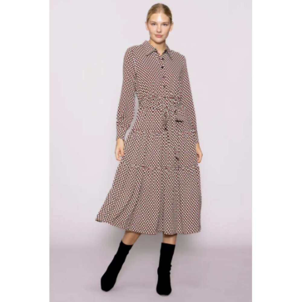 MELLODAY Tiered Long Sleeve Shirtdress Multi Red Size M Retail Price $115.00